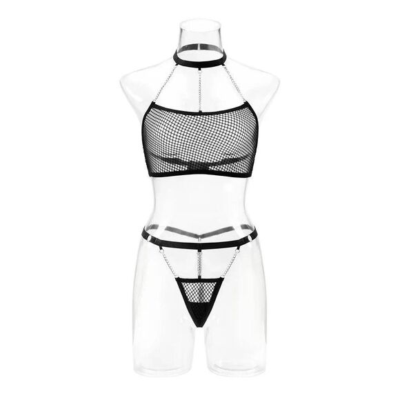 Sexy Black Fishnet Lingerie Set With Chains NWOT - Picture 1 of 4